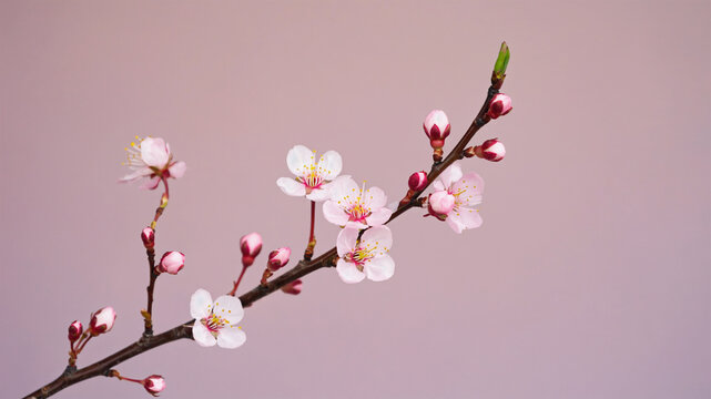 Delicate cherry blossoms on a single thin branch over pale pastel background - Powered by Adobe