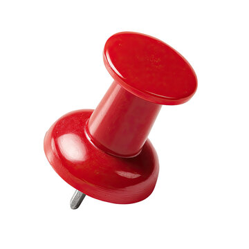 A bright, glossy red pushpin, angled slightly.  The pinhead is a smooth, circular shape, and the pin's shaft is a slender, metallic gray.  Isolated on a solid black background