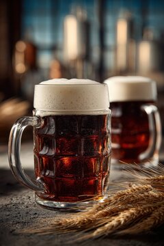 Clinking German Stein mugs of robust Bock beer with thick foam and amber appearance