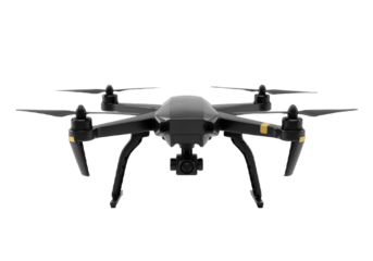 Sleek black quadcopter drone with a camera for aerial photography, isolated on a clean white background.