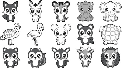 Obraz premium Collection of cute cartoon animals. A set of 15 black and white kawaii style illustrations.
