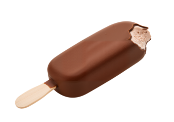 A delicious chocolate-covered ice cream bar with a bite missing, isolated on a plain white background.