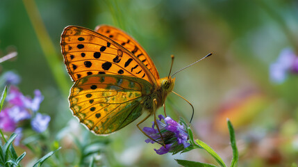Obraz premium Butterfly resting on wildflower in spring meadow, macro style