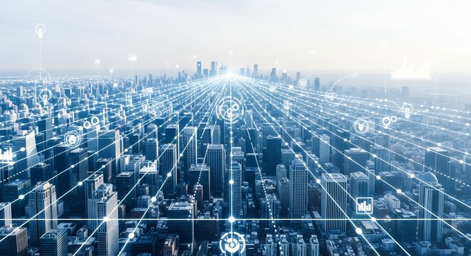 Smart City Data Network Visualization  Futuristic Urban Landscape with Digital Overlay for Technology and Innovation Concepts 176