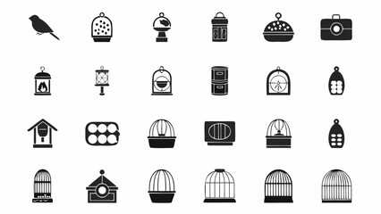 Illustration showing a variety of birdcages, lanterns, and other containers in a monochrome palette silhouette