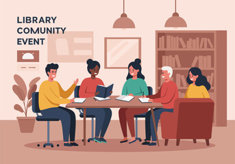A diverse group of people at a community event in the local public library, engaging in a book club discussion and learning together.