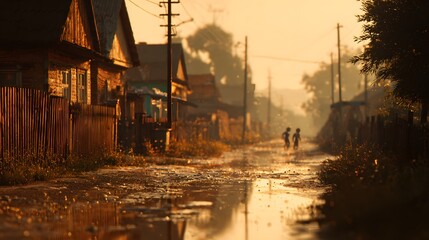 Golden hour village street scene with children running and reflections in puddles artistic photography