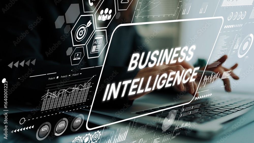 Poster modern business intelligence concept with data visualization graphs and digital interface showing an