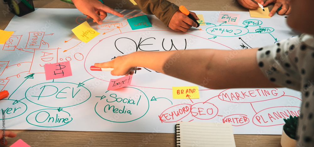 Poster a dynamic group brainstorming session using colorful sticky notes and diagrams to develop new market