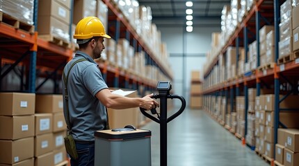 Worker using pallet jack barcode scanner in warehouse with organized shelves labeled boxes bright environment modern logistics focus on inventory management order fulfillment supply chain efficiency