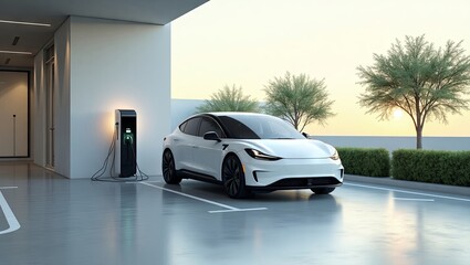 Photo realistic electric vehicle charging at sleek modern station clean open parking lot minimal greenery small trees hedges smooth concrete soft shadows bright clear lighting no people no branding