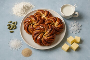 Delicious cinnamon pulla with ingredients arranged for baking in bright setting