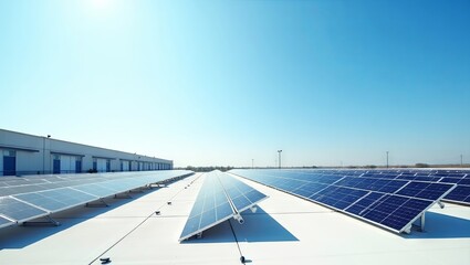 Modern warehouse rooftop with solar panels arranged in neat pattern clear blue sky clean architecture minimal distractions bright natural light professional photo green energy business use