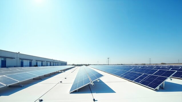 Modern warehouse rooftop with solar panels arranged in neat pattern clear blue sky clean architecture minimal distractions bright natural light professional photo green energy business use