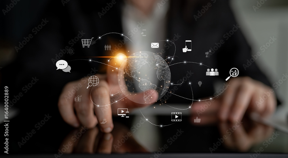 Poster visualization of global digital communication and online across multiple platforms, including global