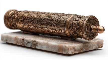 Hand-turned Tibetan prayer wheel showcasing embossed mantras in a serene setting