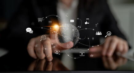 Visualization of global digital communication and online across multiple platforms, including global network, digital network, communication network, and online network. Latch