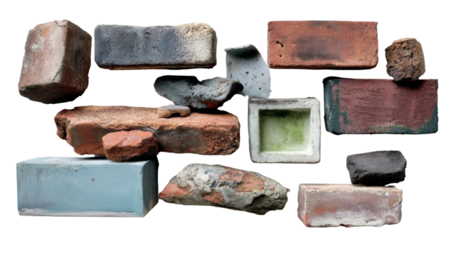 Diverse collection of unique bricks construction site photography urban environment close-up view architectural concepts
