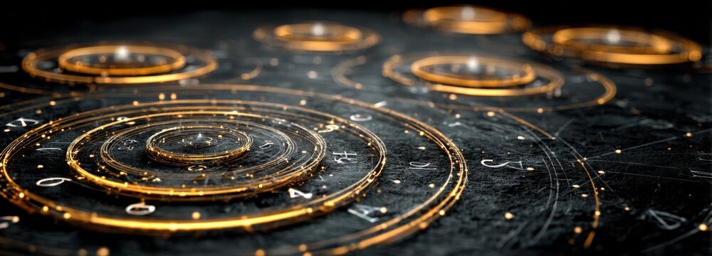 Floating golden number rings on a matte black field signify life path calculations