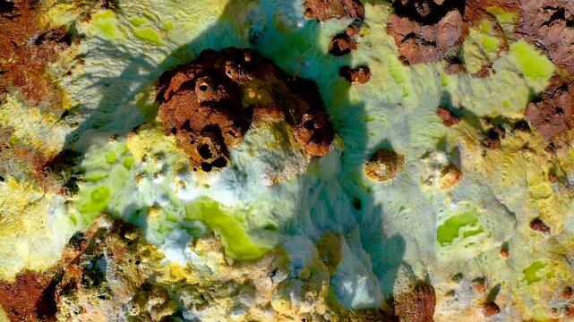 Aerial view of vibrant sulfur flats and mineral formations in Danakil Depression, Ethiopia