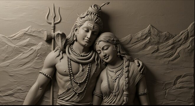 Beautiful relief sculpture depicting lord shiva and parvati in a loving embrace
