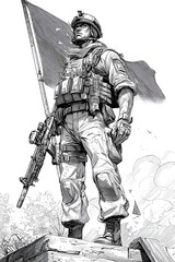 Obraz premium Thai Soldier Standing Guard with Rifle, Sketch Style