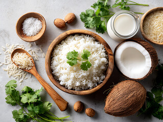 Overhead shot of coconut rice with fresh cilantro, almonds, and coconut flakes on a textured surface.