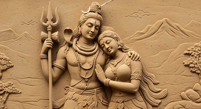 Beautiful carved relief depicting hindu gods shiva and parvati in a serene composition
