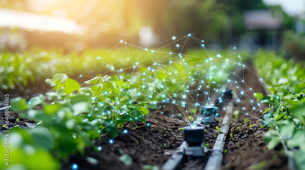 Poster smart irrigation system in a field with green plants connected by a digital network overlaying it