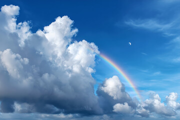 A vibrant rainbow arcs across a blue sky, accompanied by fluffy clouds, creating a picturesque and optimistic scene