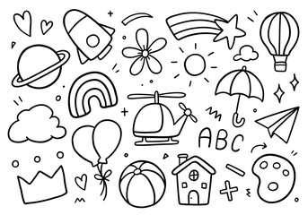 Kid decorative elements doodle on white background. Vector illustration