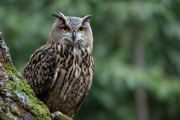 Majestic owl perched on a branch in the forest, intently gazing at the camera