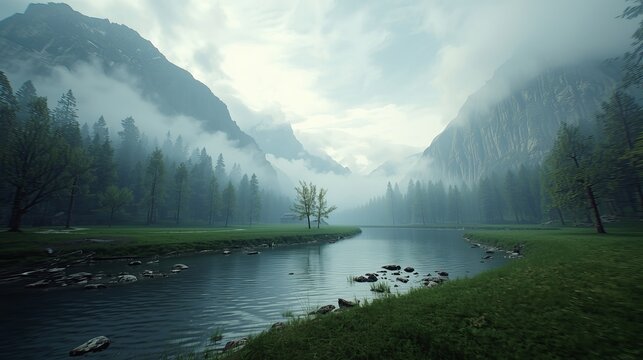 Misty mountain valley river landscape with evergreen forest