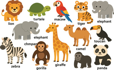 Obraz premium Cute Cartoon Wild Animals Set – Lion, Turtle, Macaw, Tiger, Elephant, Chimpanzee, Zebra, Gorilla, Giraffe, Camel, Toucan, and Panda Illustrations with Labels