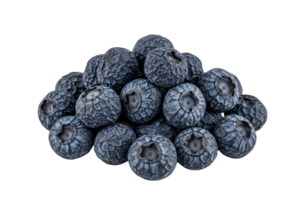 Dark blue, wrinkled, dried blueberries with shriveled texture in an irregular pile, perfectly lit on a solid transparent background, isolated. Concept for food product display