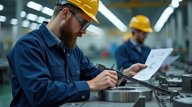 Factory employee in uniform examining metal part with caliper focused on dimension measurement defects clean production lines soft industrial lighting emphasis on quality control safety and profession