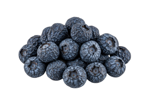 Dark blue, wrinkled, dried blueberries with shriveled texture in an irregular pile, perfectly lit on a solid transparent background, isolated. Concept for food product display
