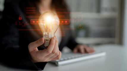 Password security breach warning with red asterisk box, cybersecurity alert, lock icons, and...