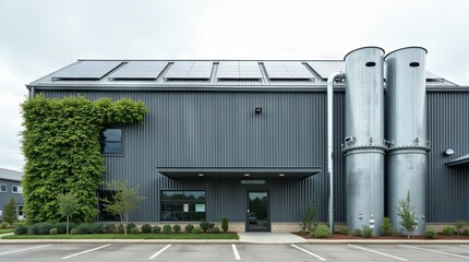 Sustainable modern industrial factory with green wall solar panels recycled water pipes clean environment overcast daylight no human presence realistic