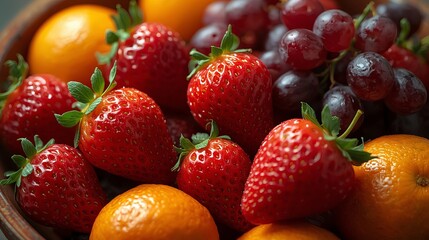 Fresh strawberries oranges and grapes in a bowl