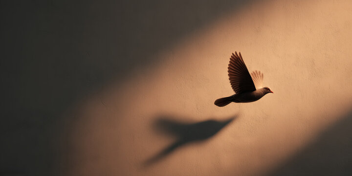 Flying bird silhouette and shadow against warm textured background

