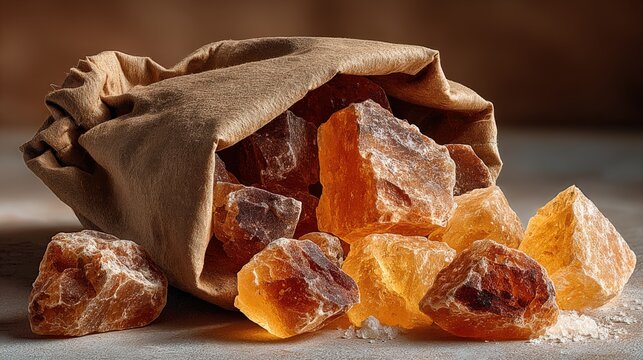 Golden-yellow D-ribose crystals spilled from kraft-paper pouch on light background