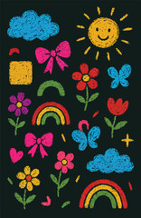 Colorful Chalk Doodle Set – Sun, Clouds, Rainbows, Flowers, Bows, and Butterflies on Black Background, Playful Children’s Art

