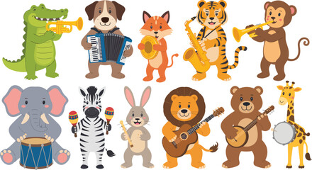 A fun collection of cartoon animals playing musical instruments in a band. Vector illustration set.