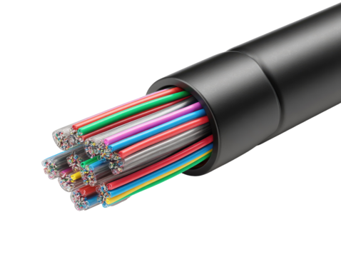 Close-up of a multi-colored cable.  A section of a black cable shows numerous colorful wires bundled inside.  The outer casing is dark and smooth