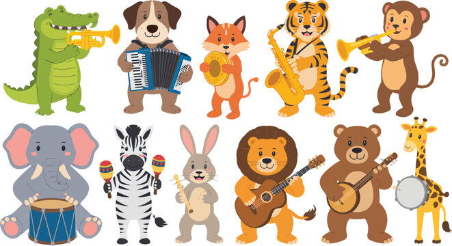 A fun collection of cartoon animals playing musical instruments in a band. Vector illustration set.