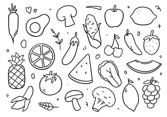 Healthy food doodle set on white background. Vegetable and fruits Vector illustration