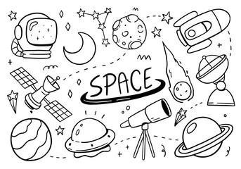 Space doodle set on white background. Vector illustration