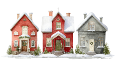 Three charming, snow-covered houses, in warm colors, sit side-by-side on a snowy street.  Each has a classic design, with detailed trim,  and holiday wreaths on the doors