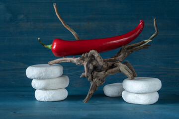 Red pepper pod on a driftwood and white stones on blue background.